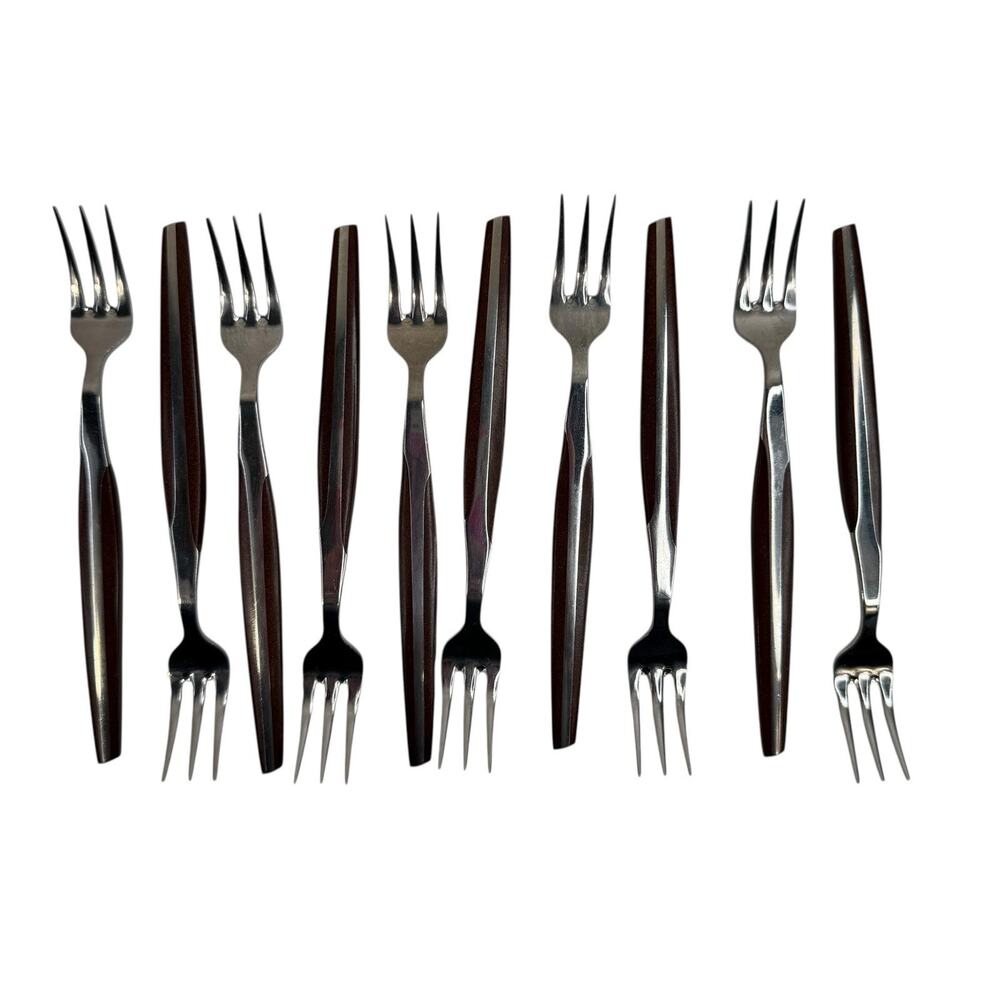 Eldan‎ ELD2-BROWN Set Of 10 Cocktail Forks Mid Century Modern Flatware Stainless